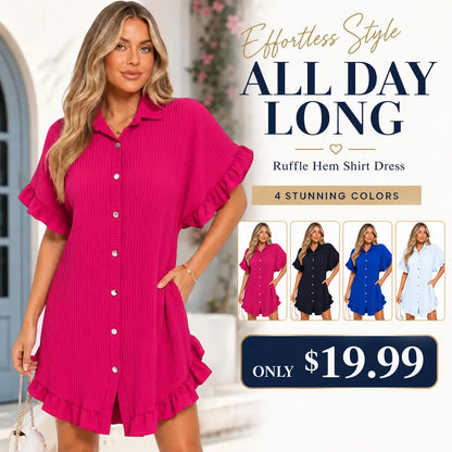 Women's Pleated Shirt Dress ✨ Gold Button Short Sleeve Ruffle Smock Dress