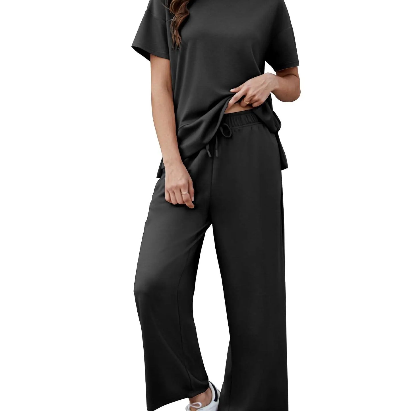 Women's 2 Piece Lounge Set – Short Sleeve Top & Wide Leg Pants Casual Matching Outfit