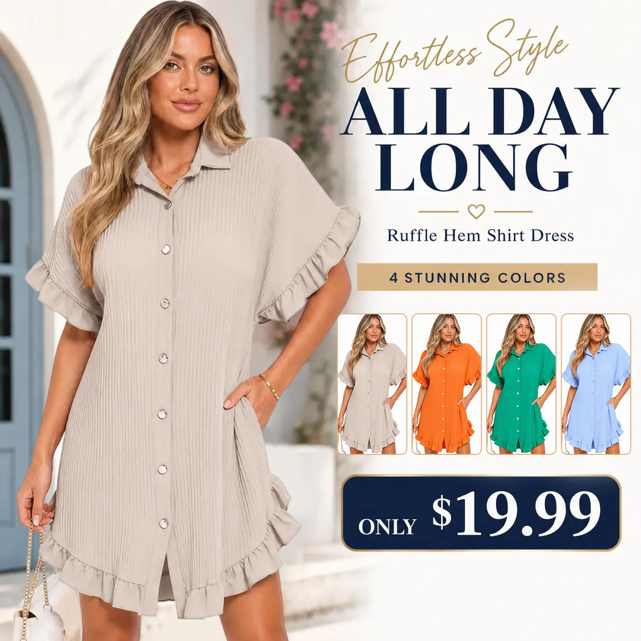 Women's Pleated Shirt Dress ✨ Gold Button Short Sleeve Ruffle Smock Dress