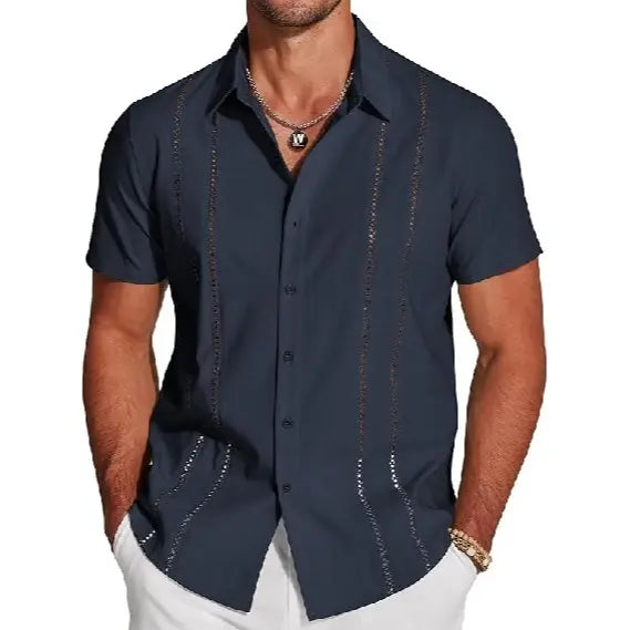 Men's Cuban Guayabera Shirt, Short Sleeve Linen Blend Button Down Summer Shirt, Lightweight Breathable Casual Beach