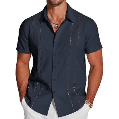Men's Cuban Guayabera Shirt, Short Sleeve Linen Blend Button Down Summer Shirt, Lightweight Breathable Casual Beach