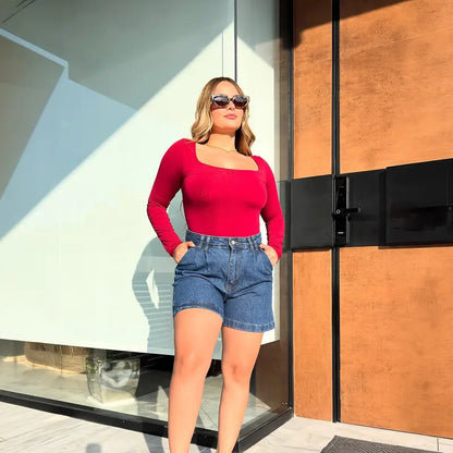 Women's High-Waisted A-Line Denim Bermuda Shorts ✨ Stretchy Casual Summer Essential