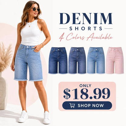 Jean Bermuda Shorts for Women Trendy Mid Rise Raw Hem Knee Length Stretchy Denim Long Shorts