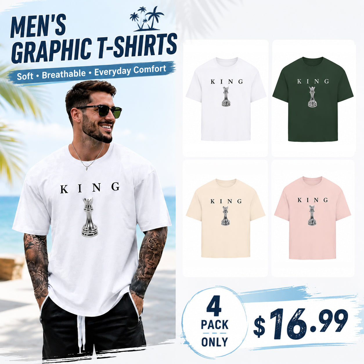 Men's King Chess Graphic T-Shirt ♟️ Urban Streetwear Printed Tee Casual Short Sleeve Shirt