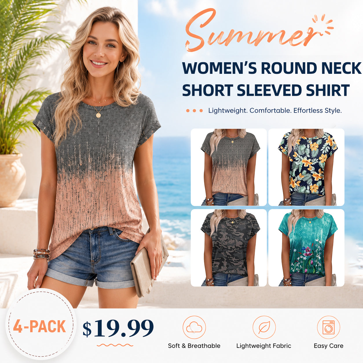 Women’s Summer Tops Short Sleeve Crew Neck Tunic Blouses, Cute Trendy Casual Shirts