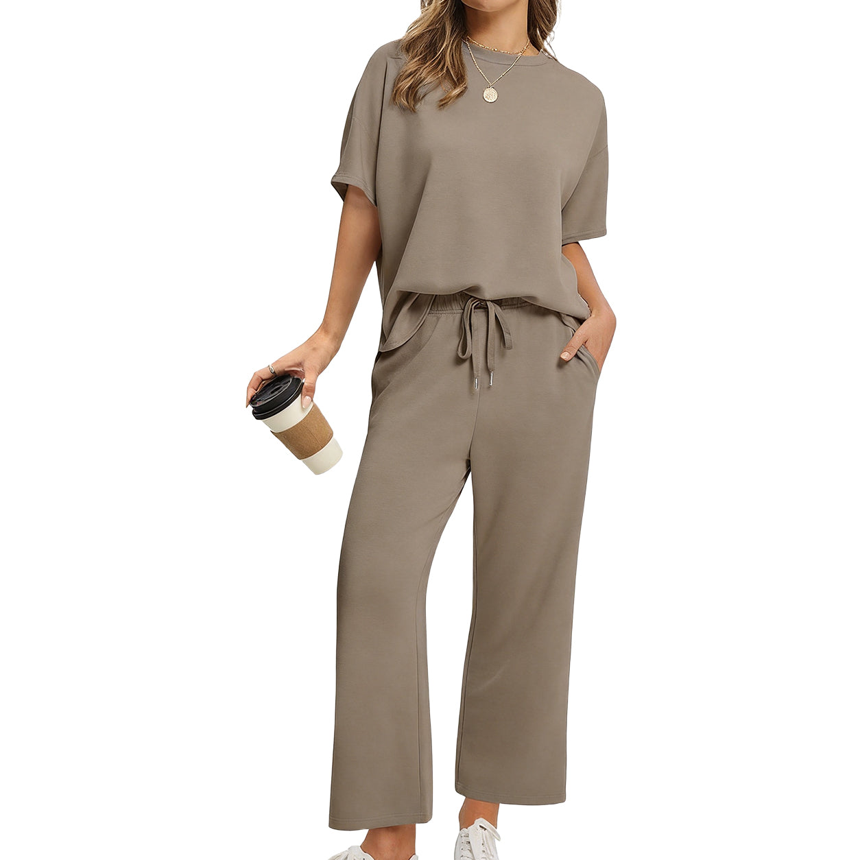 Women's Summer 2-Piece Lounge Set ✨ Soft Lightweight Breathable Outfit with Wide-Leg Crop Pants
