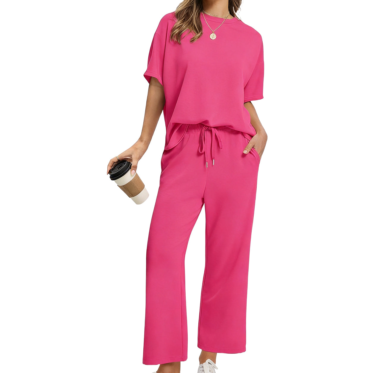 Women's Summer 2-Piece Lounge Set ✨ Soft Lightweight Breathable Outfit with Wide-Leg Crop Pants