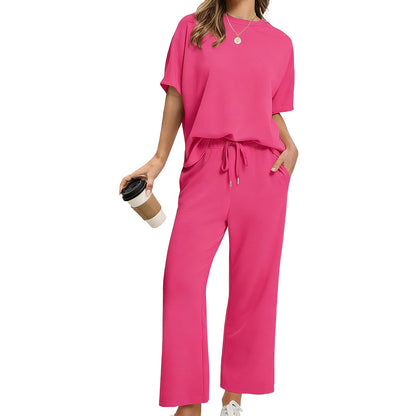 Women's Summer 2-Piece Lounge Set ✨ Soft Lightweight Breathable Outfit with Wide-Leg Crop Pants