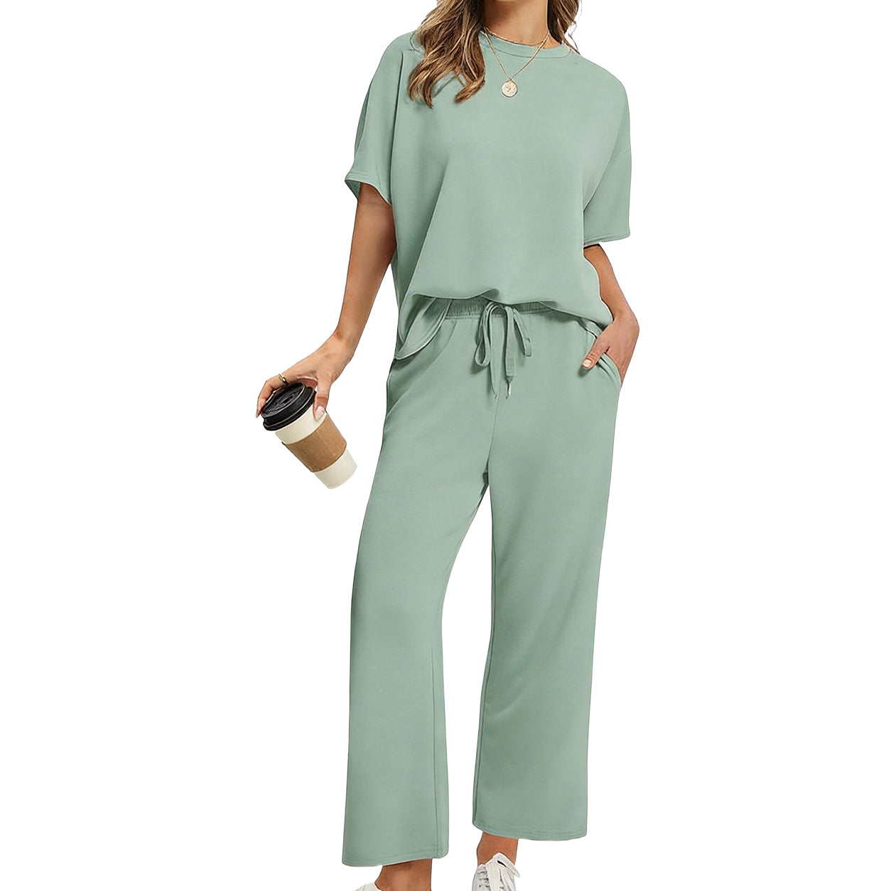 Women's Summer 2-Piece Lounge Set ✨ Soft Lightweight Breathable Outfit with Wide-Leg Crop Pants
