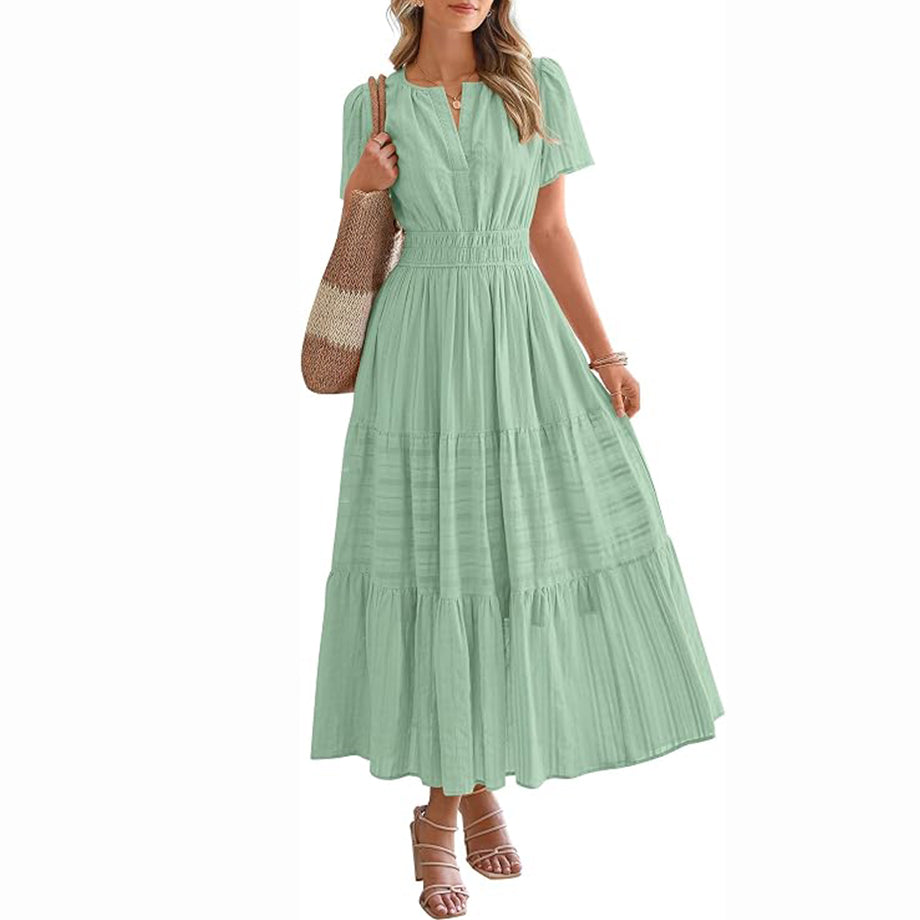 Women's Summer Boho Midi Maxi Dress 🌸 Lightweight V Neck Elastic Waist with Pockets | Casual Beach Dress