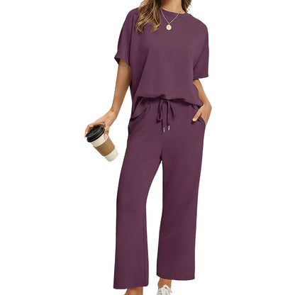 Women's Summer 2-Piece Lounge Set ✨ Soft Lightweight Breathable Outfit with Wide-Leg Crop Pants