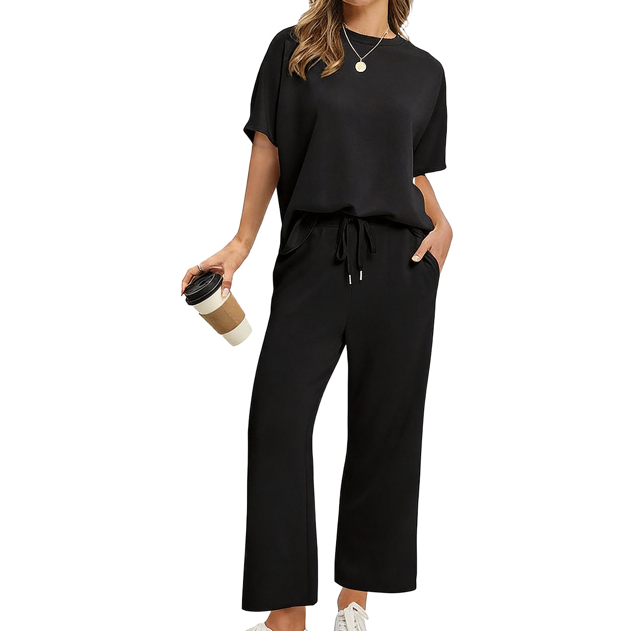 Women's Summer 2-Piece Lounge Set ✨ Soft Lightweight Breathable Outfit with Wide-Leg Crop Pants