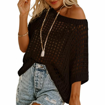 Women's Summer Crochet Top 🌸 Lightweight Hollow Out Knit Short Sleeve Sweater