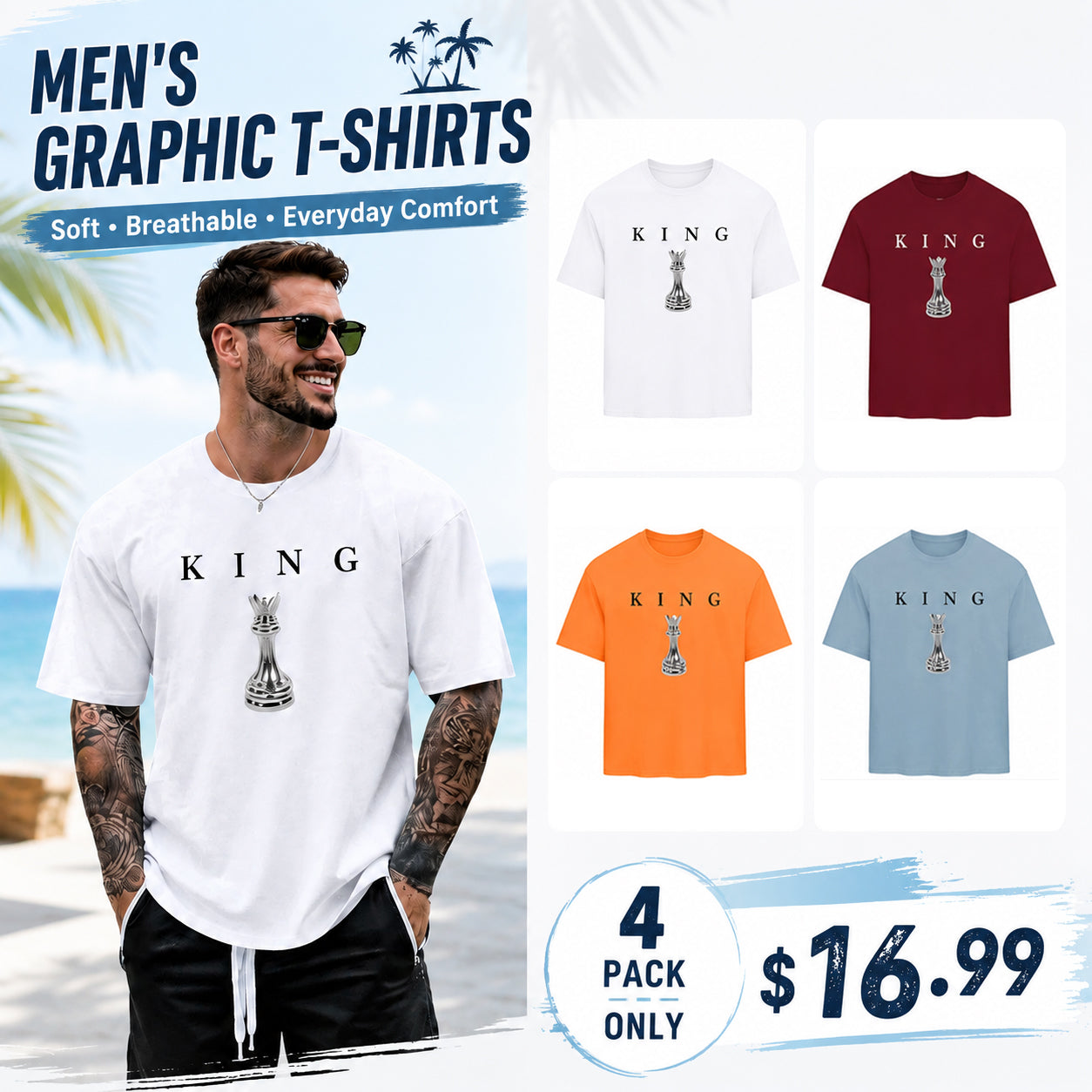 Men's King Chess Graphic T-Shirt ♟️ Urban Streetwear Printed Tee Casual Short Sleeve Shirt