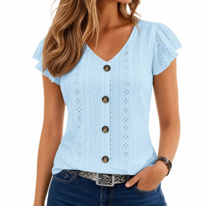 Women's Ruffle V-Neck Blouse ✨ Loose Fit Short Sleeve Summer Top