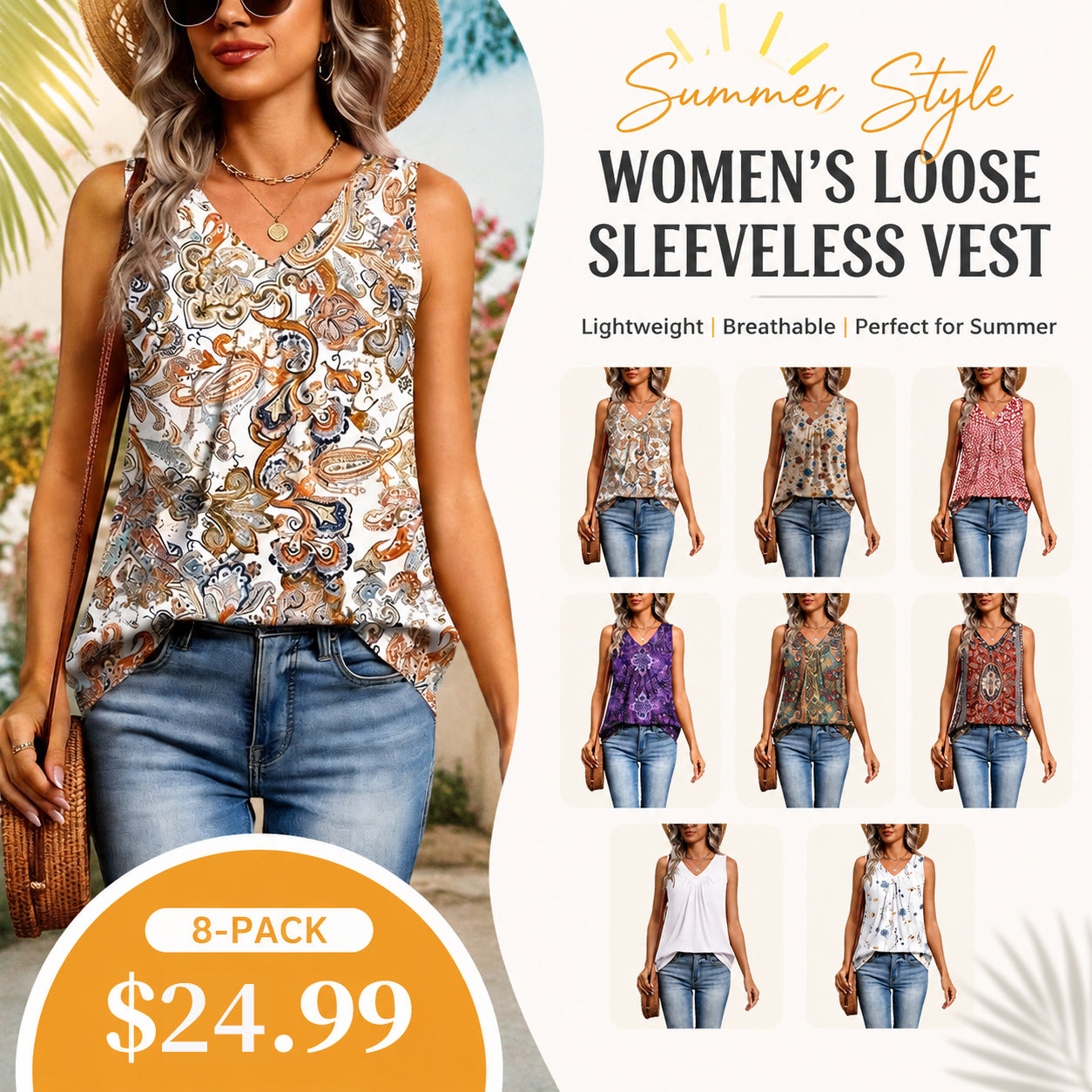 Women's V-Neck Pleated Tank Top ✨ Sleeveless Loose Fit Dressy Casual Summer Blouse