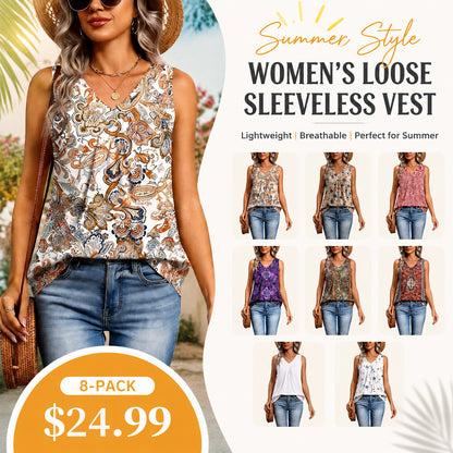 Women's V-Neck Pleated Tank Top ✨ Sleeveless Loose Fit Dressy Casual Summer Blouse