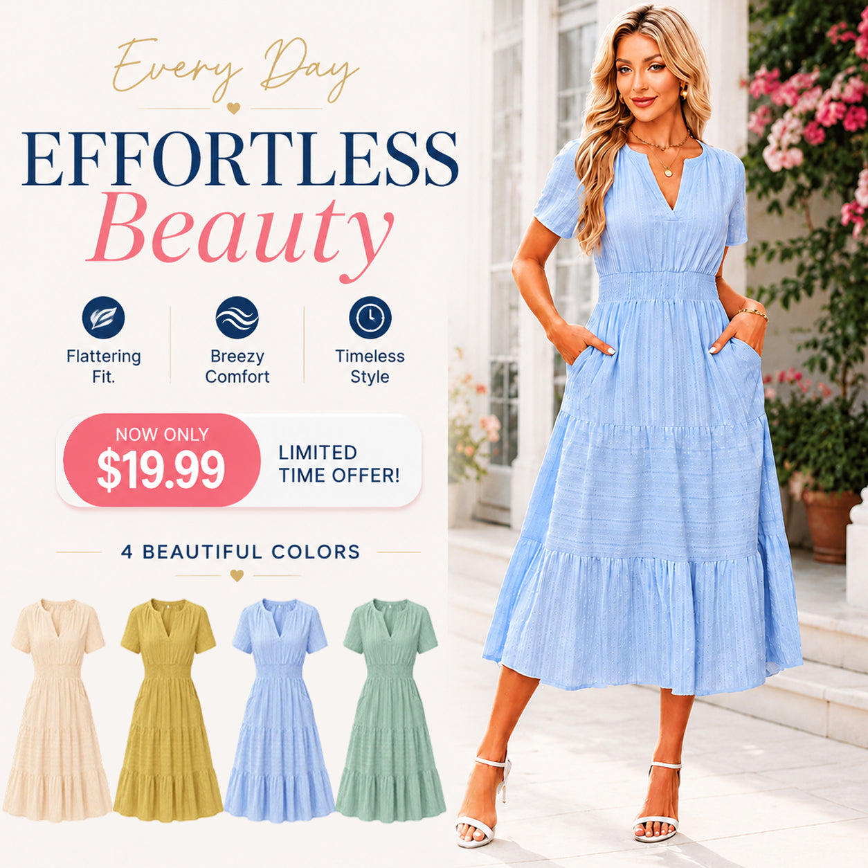 Women's Summer Boho Midi Maxi Dress 🌸 Lightweight V Neck Elastic Waist with Pockets | Casual Beach Dress