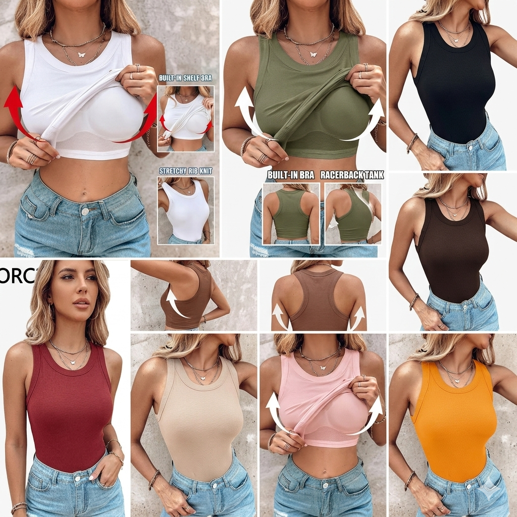 🍃Slim Fit Ribbed Tank｜Built-in Bra Comfort Meets Casual Style ✨
