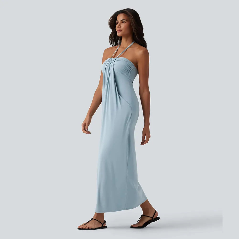 Women's Halter Tie-Back Maxi Dress 🌸 Flowy Summer Dress with Pockets