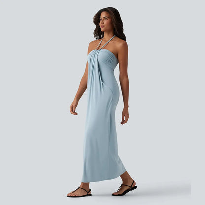Women's Halter Tie-Back Maxi Dress 🌸 Flowy Summer Dress with Pockets