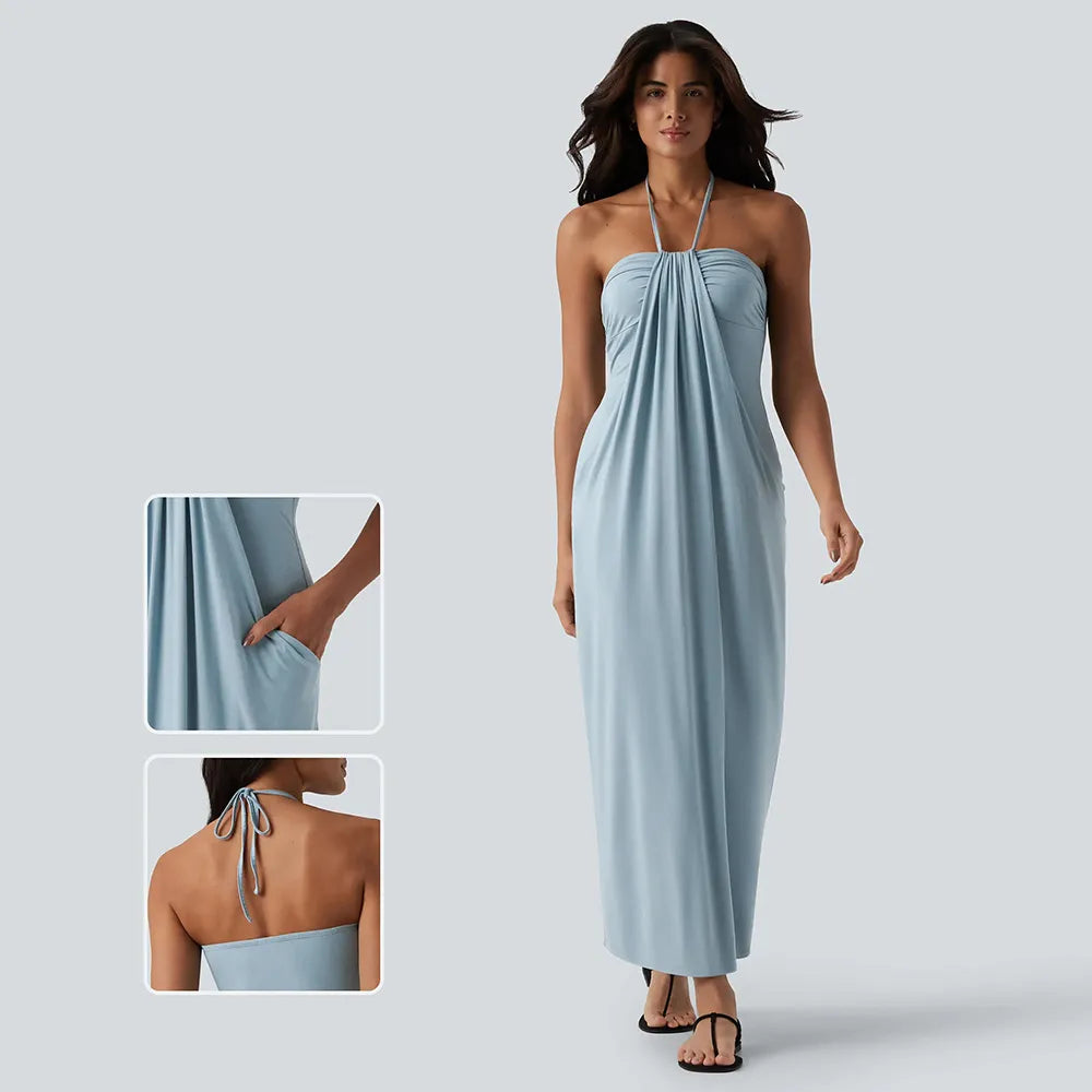 Women's Halter Tie-Back Maxi Dress 🌸 Flowy Summer Dress with Pockets