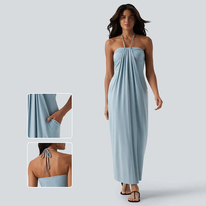 Women's Halter Tie-Back Maxi Dress 🌸 Flowy Summer Dress with Pockets