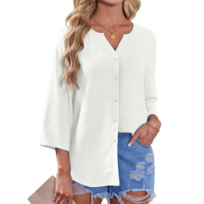 Women's V-Neck Button-Down Blouse ✨ 3/4 Sleeve Loose Fit Business Casual Top