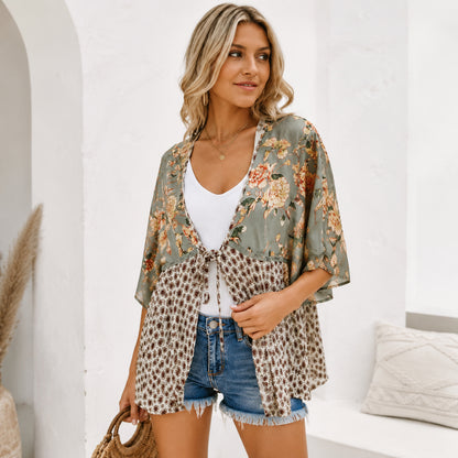 Women's Floral Kimono Cardigan 🌸 Flowy 3/4 Sleeve Tie Front Beach Cover Up Top