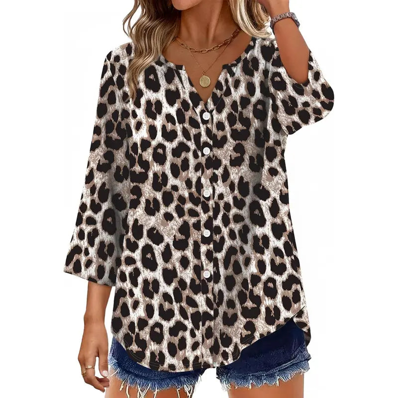 Women's V-Neck Button-Down Blouse ✨ 3/4 Sleeve Loose Fit Business Casual Top