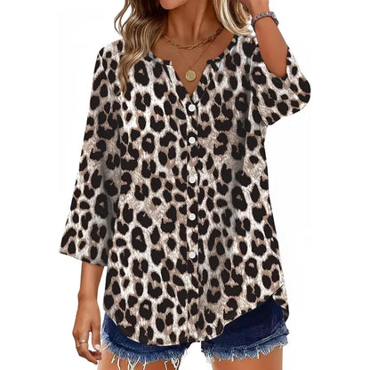 Women's V-Neck Button-Down Blouse ✨ 3/4 Sleeve Loose Fit Business Casual Top