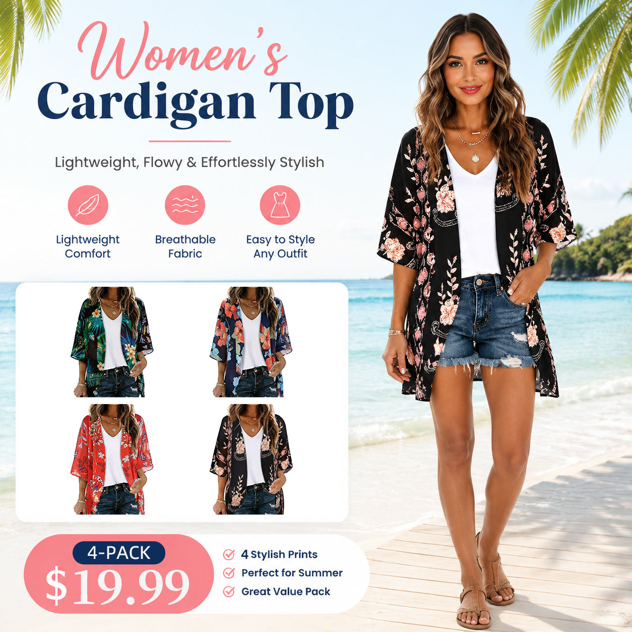 Women's Floral Kimono Cardigan 🌸 Flowy Lightweight Puff Sleeve Cover Up Blouse