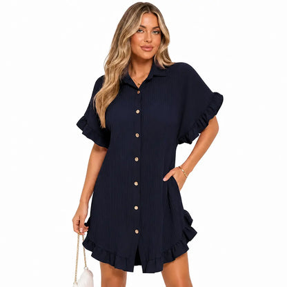 Women's Pleated Shirt Dress ✨ Gold Button Short Sleeve Ruffle Smock Dress