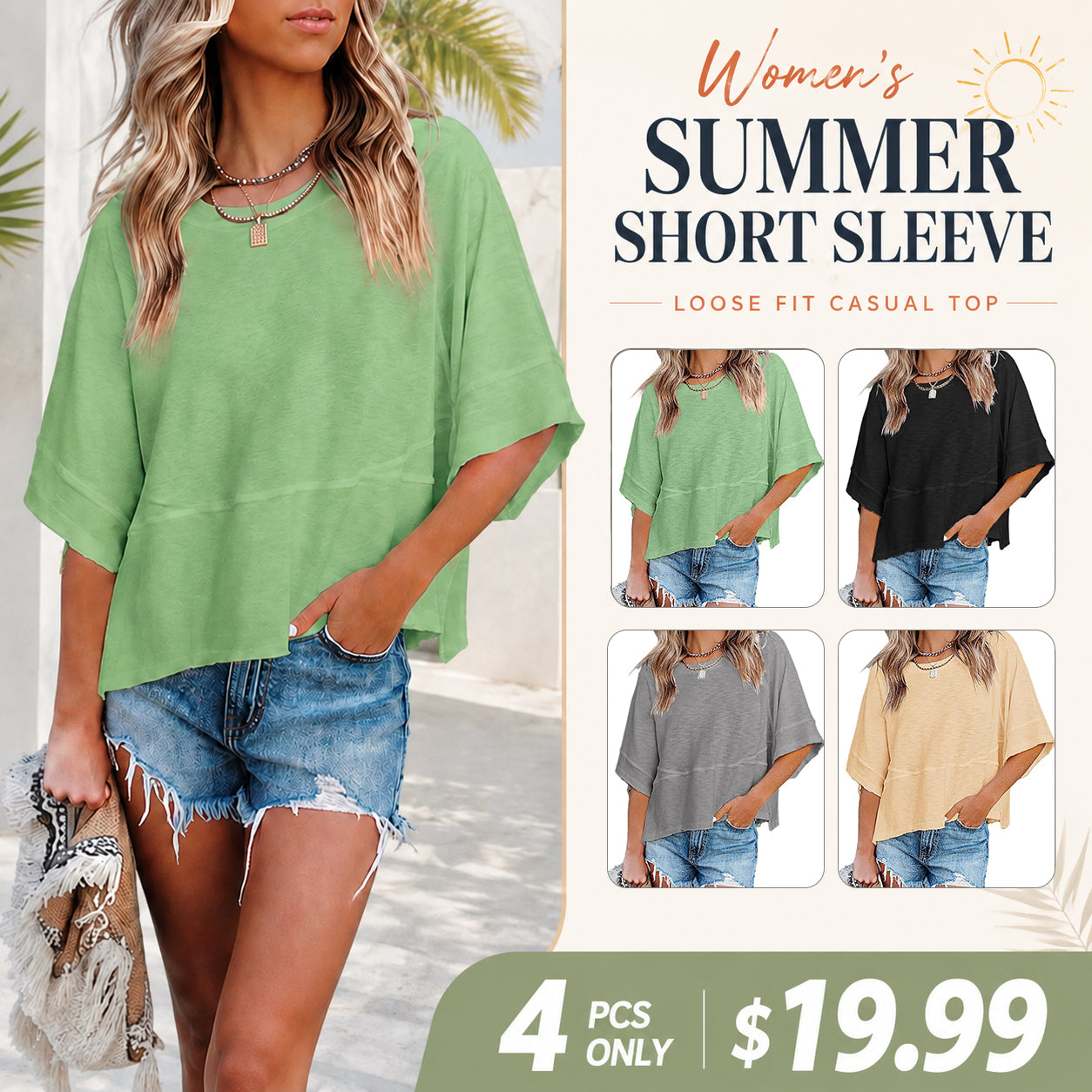 Women's Batwing Sleeve Top ✨ Loose Fit 3/4 Sleeve Flowy Boho Casual Tee