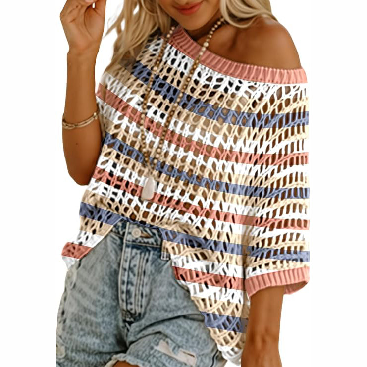 Women's Summer Crochet Top 🌸 Lightweight Hollow Out Knit Short Sleeve Sweater