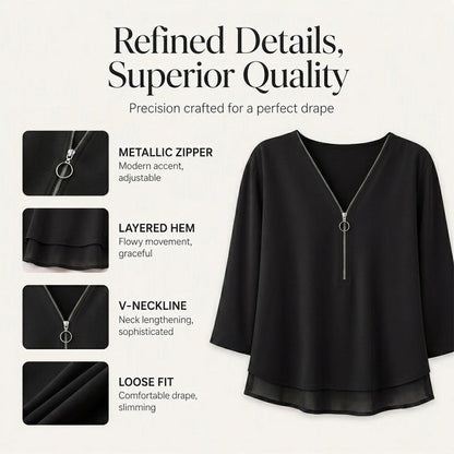 Double-Layer V-neck Zipper 3/4 Sleeves Soft Tops