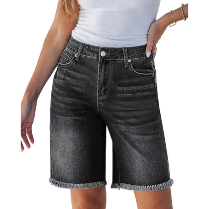 Jean Bermuda Shorts for Women Trendy Mid Rise Raw Hem Knee Length Stretchy Denim Long Shorts