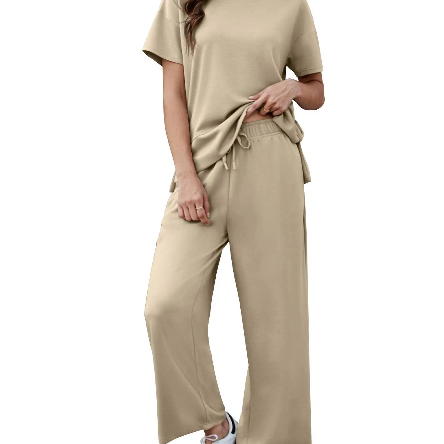 Women's 2 Piece Lounge Set – Short Sleeve Top & Wide Leg Pants Casual Matching Outfit