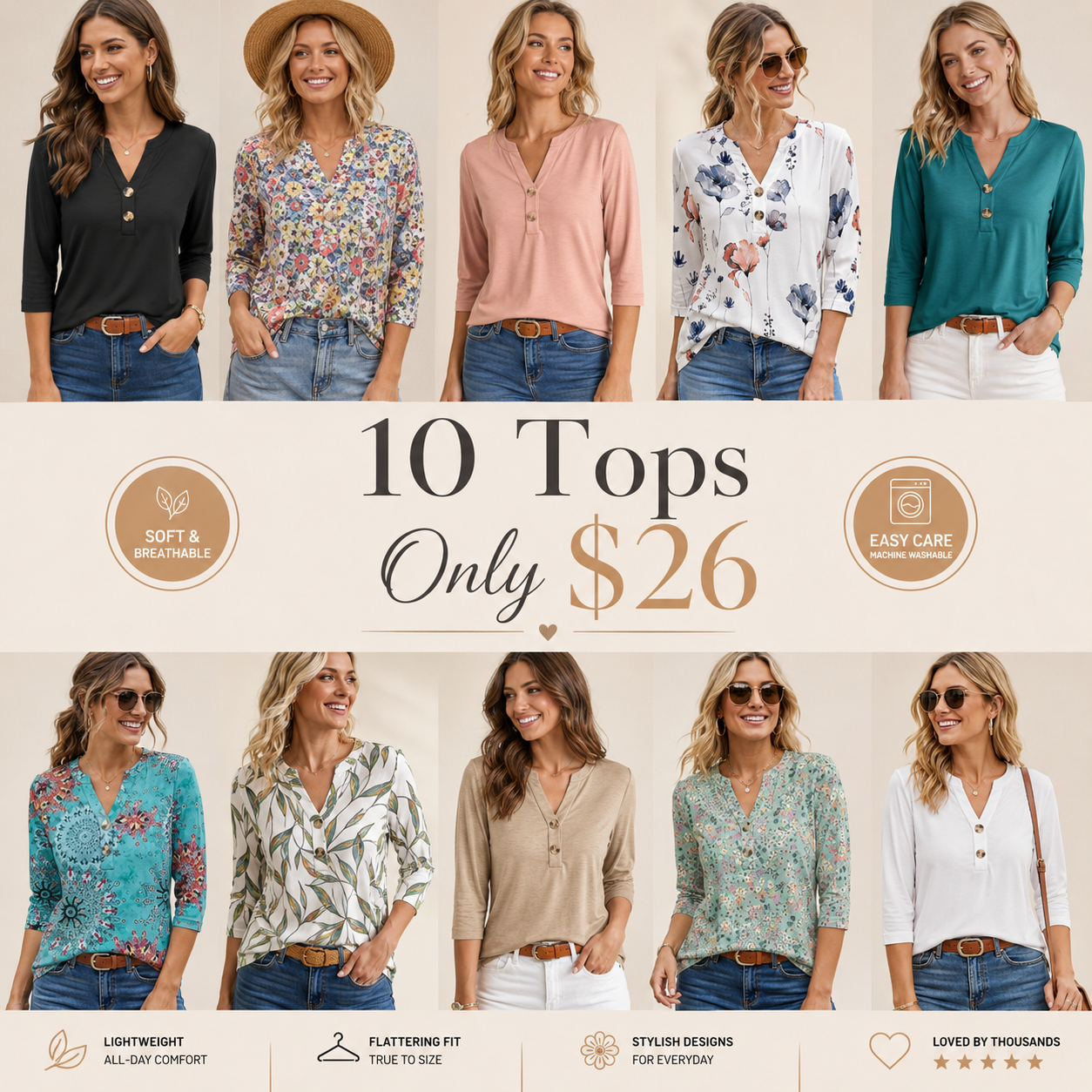 Women's 3/4 Sleeve Henley Top ✨ Casual Summer Blouse for Everyday Style