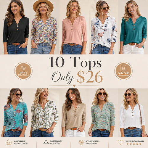 Women's 3/4 Sleeve Henley Top ✨ Casual Summer Blouse for Everyday Style