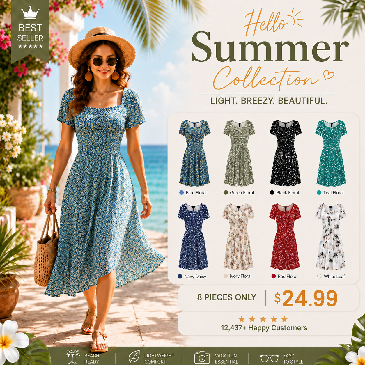 Women's Floral Square Neck Dress 🌸 Flowy A-Line Silhouette with Pockets & Ruffle Hem