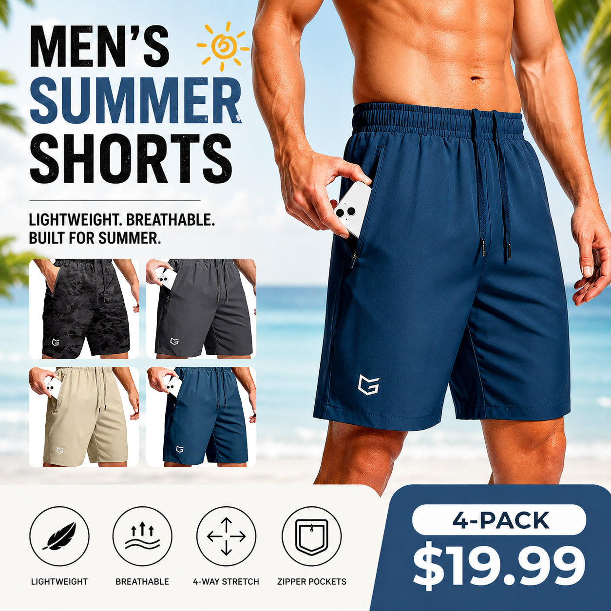 Men's Athletic Running Shorts ✨ Lightweight Quick-Dry Workout Shorts with Zipper Pockets