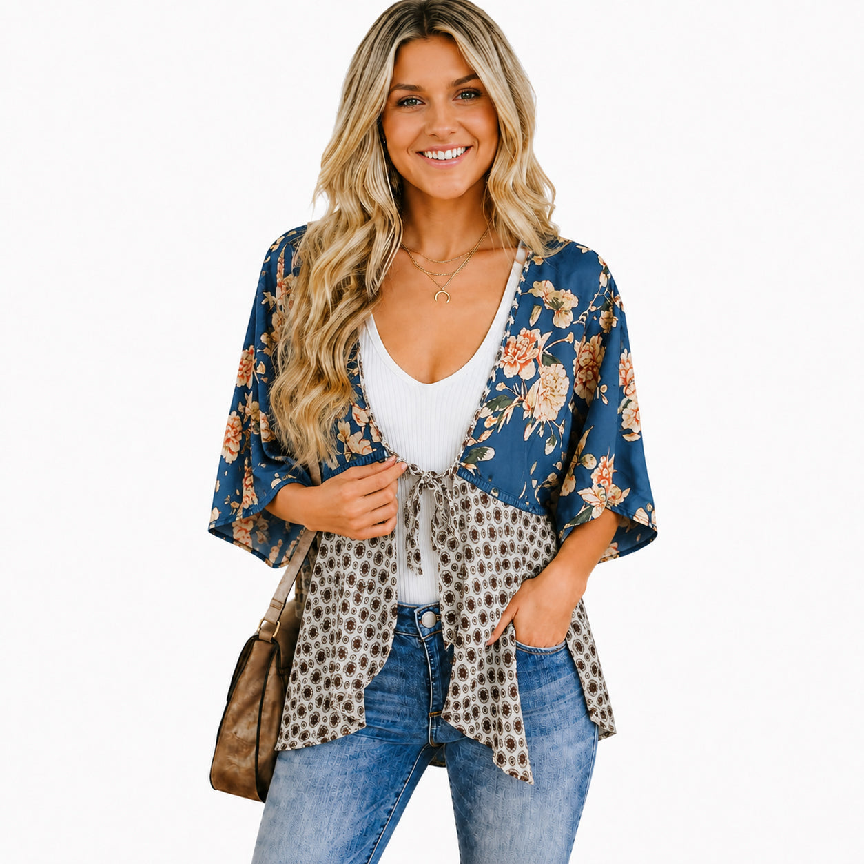 Women's Floral Kimono Cardigan 🌸 Flowy 3/4 Sleeve Tie Front Beach Cover Up Top