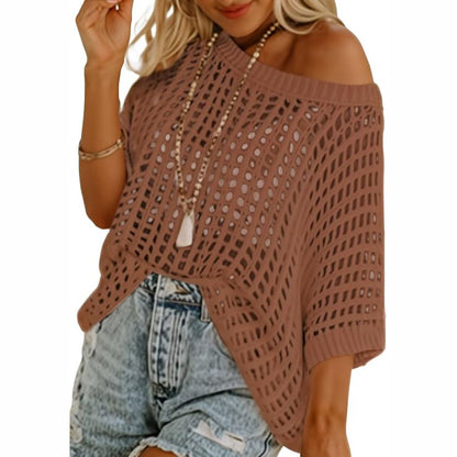 Women's Summer Crochet Top 🌸 Lightweight Hollow Out Knit Short Sleeve Sweater