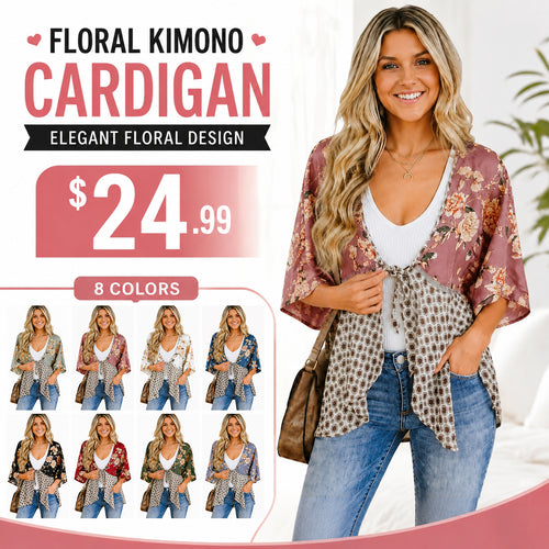 Women's Floral Kimono Cardigan 🌸 Flowy 3/4 Sleeve Tie Front Beach Cover Up Top