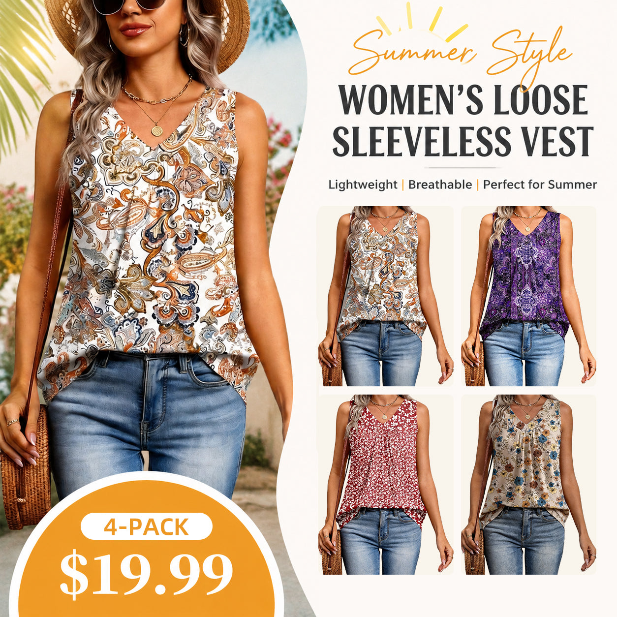 Women's V-Neck Pleated Tank Top ✨ Sleeveless Loose Fit Dressy Casual Summer Blouse