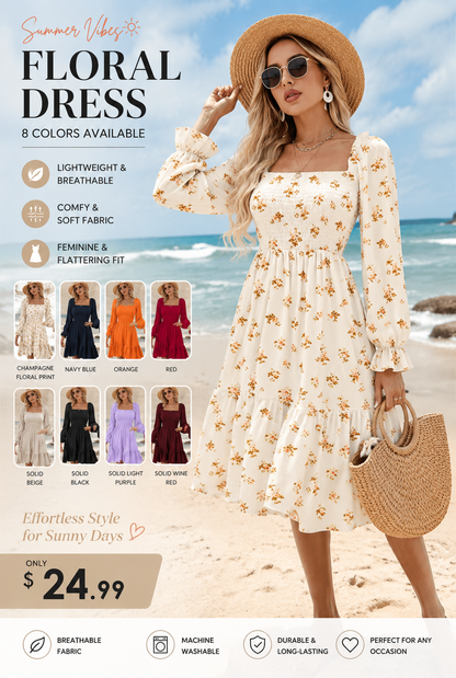 Women's Shirred Mini Dress ✨ Square Neck Lantern Sleeve Flowy A-Line Dress with Flattering Fit