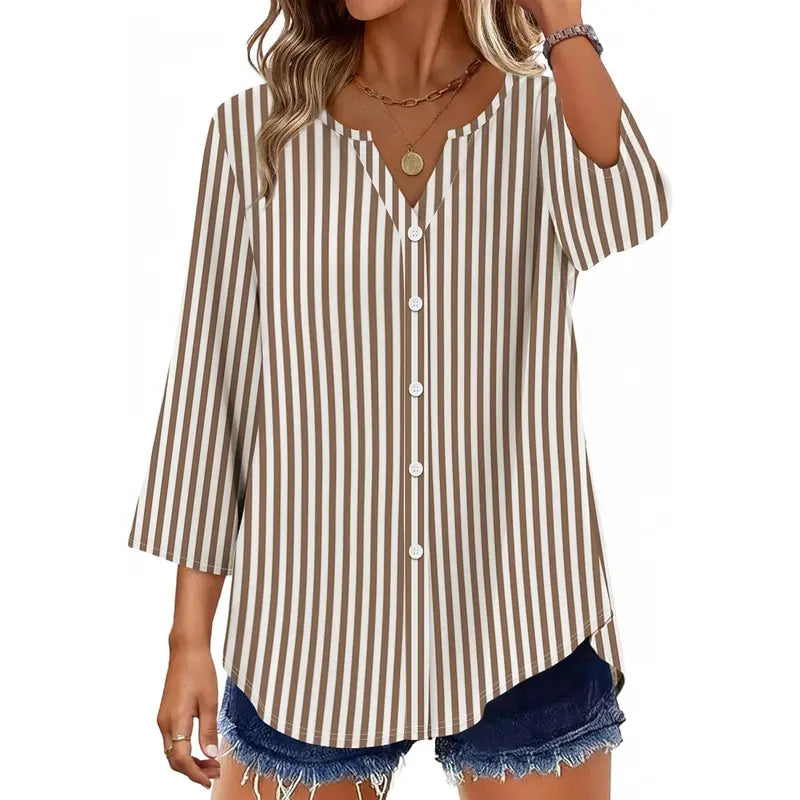 Women's V-Neck Button-Down Blouse ✨ 3/4 Sleeve Loose Fit Business Casual Top
