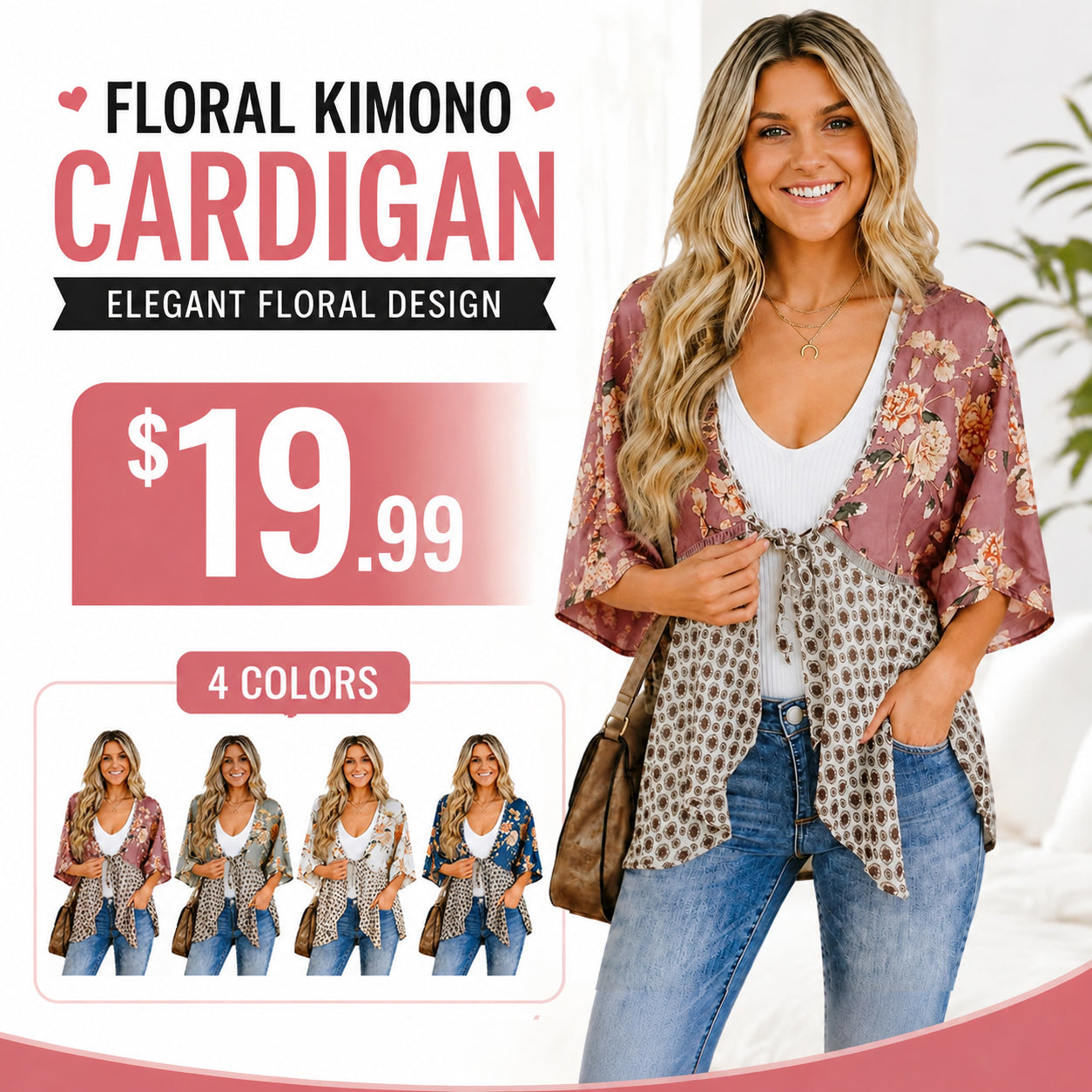 Women's Floral Kimono Cardigan 🌸 Flowy 3/4 Sleeve Tie Front Beach Cover Up Top