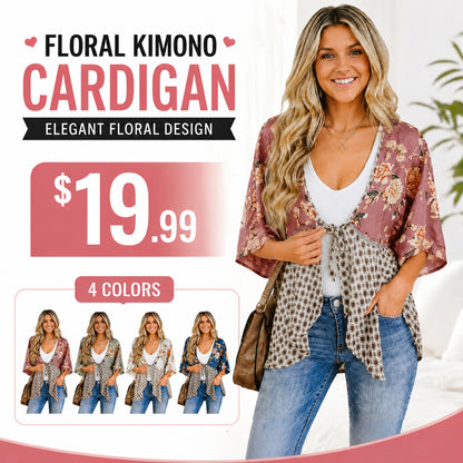 Women's Floral Kimono Cardigan 🌸 Flowy 3/4 Sleeve Tie Front Beach Cover Up Top